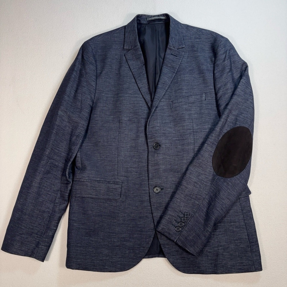 H&M Linen Blend Blazer Men's 44R Heathered Gray Elbow Patches Coastal Resort